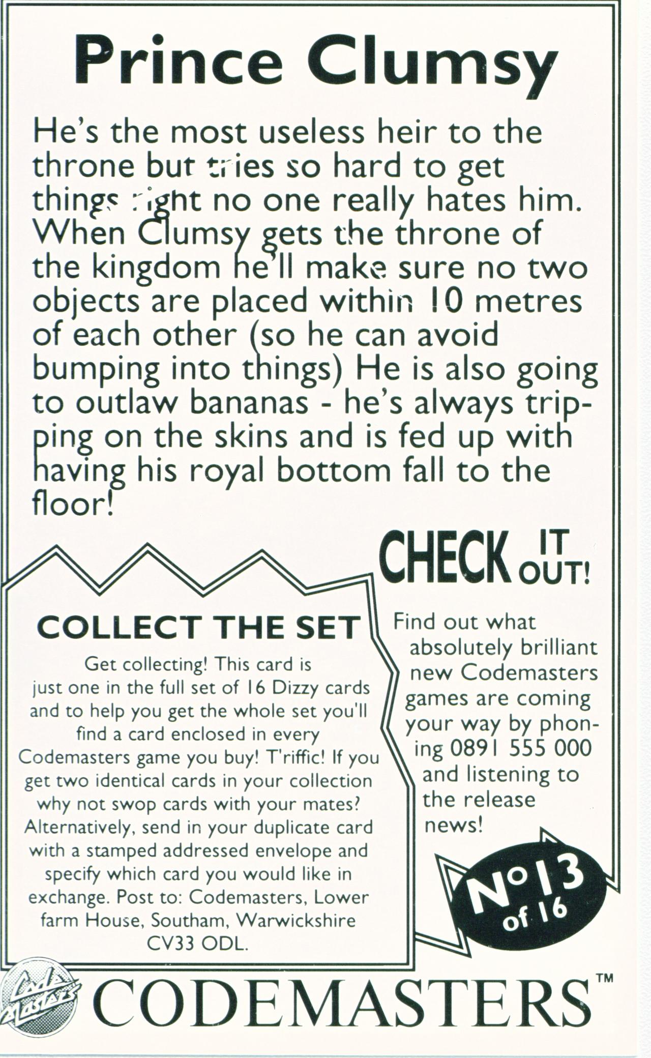 Collectors Cards - Prince Clumsy (Back)