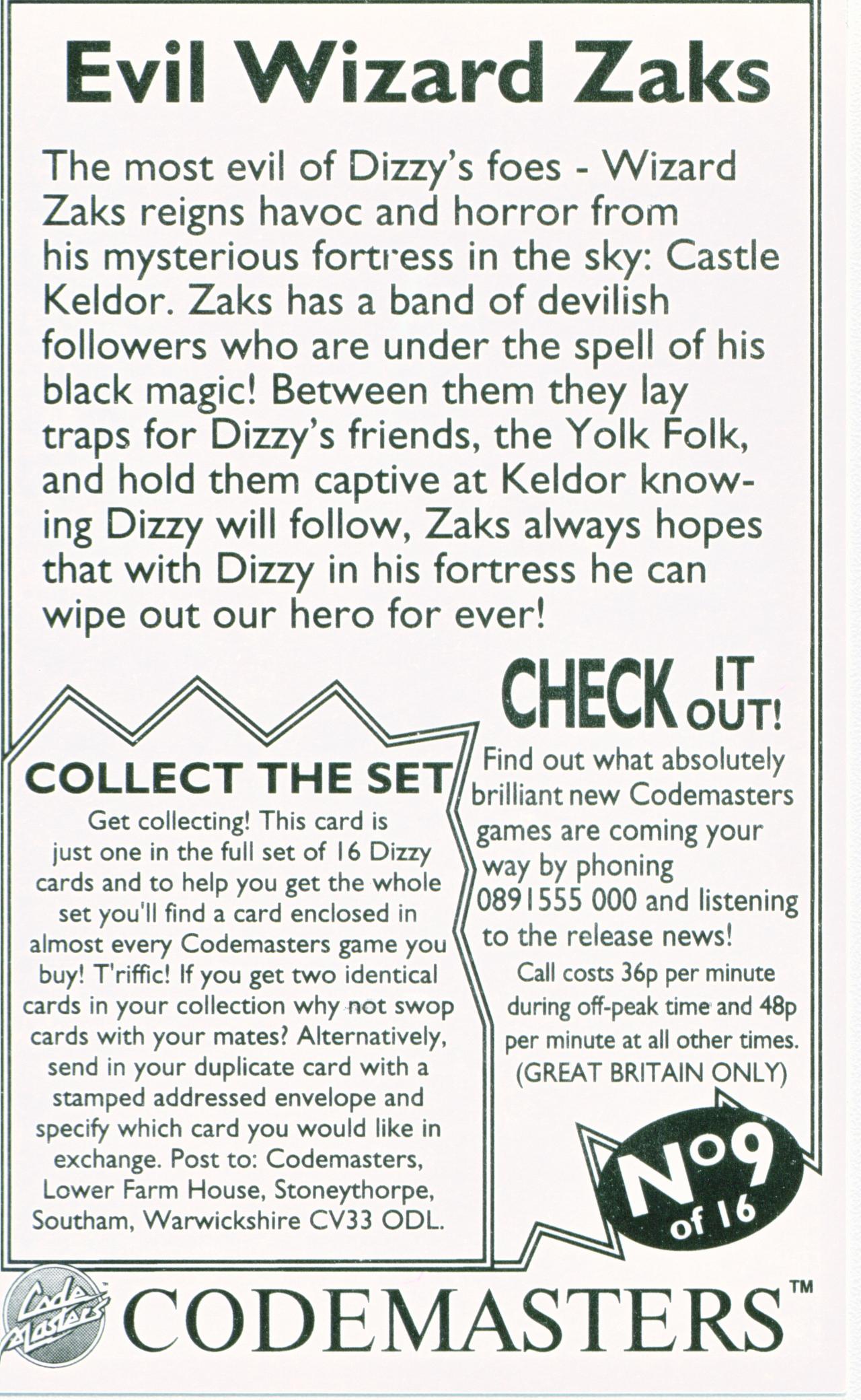 Collectors Cards - Zaks (Back)