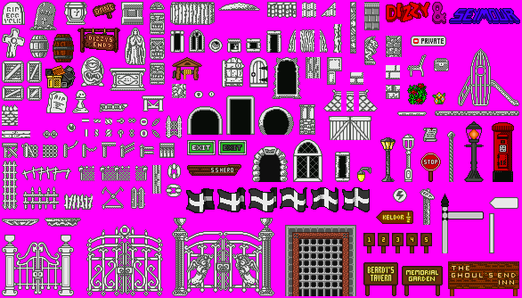 Sprite Sheet: Dizzy And Seymour - Game - Town Buildings And Fencing